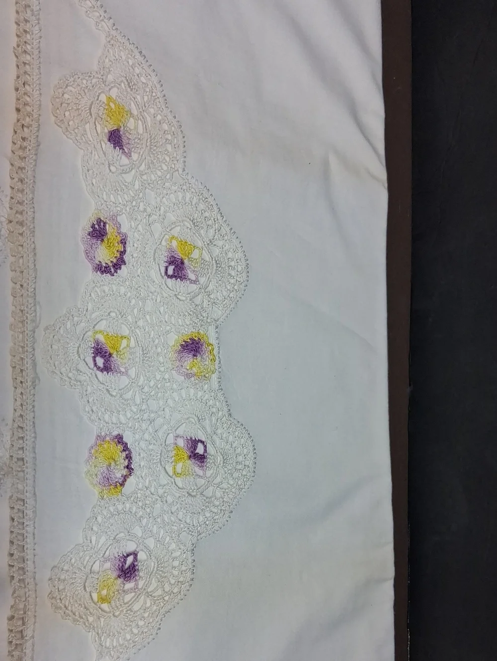 Vtg. Pillowcases Tatted purple & yellow flowers & white lace cottage core estate